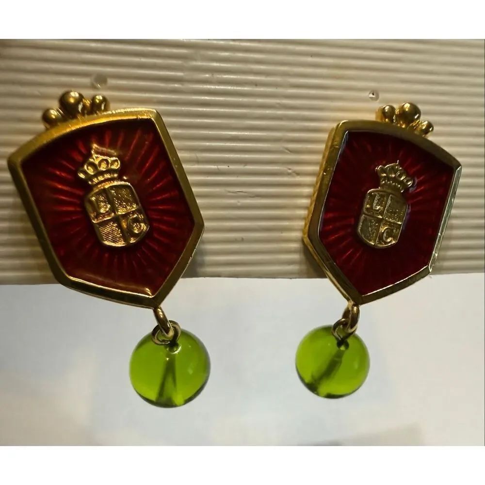 Liz Claiborne Women's Gold-Tone Red Crown Shield Crest Logo Drop Earrings NWOT